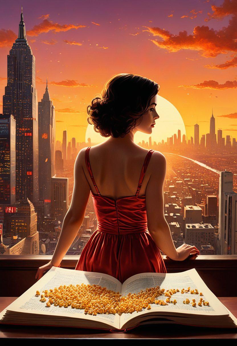 A cinematic landscape filled with various iconic film elements like a movie reel, popcorn, and filmstrip, surrounded by silhouettes of famous movie characters. The background showcases a vibrant city skyline at sunset, symbolizing the evolution of films over time. An open book with movie reviews and trends spread across the foreground adds a touch of sophistication. super-realistic. vibrant colors. cinematic style.