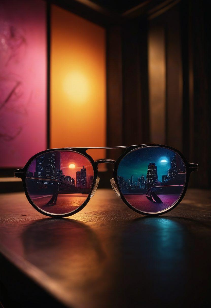 A vintage film reel unraveling across a textured, dark background, with prominent film frames showcasing iconic cinematic scenes. In the foreground, a pair of glasses reflects vibrant colors of a film scene, symbolizing analysis and critique, while pop culture icons subtly emerge as silhouettes. Above, a dramatic spotlight casts an ethereal glow, emphasizing the art of storytelling in film. cinematic art style. rich colors. moody atmosphere.