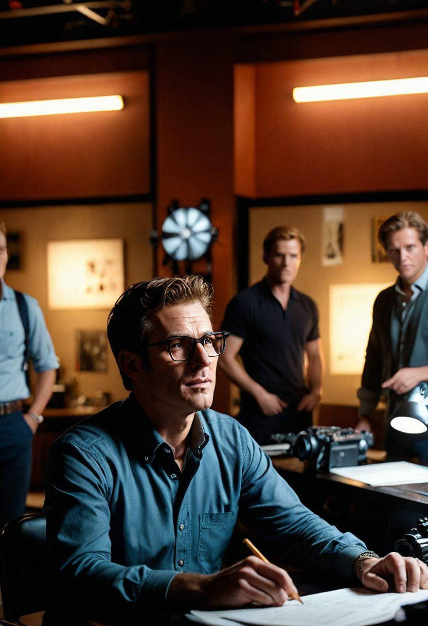 A dynamic scene depicting a film director at work, surrounded by a storyboard, cameras, and lighting equipment, illustrating the transition from script to screen. Include a split view of the script on one side and a vibrant film scene being shot on the other, showcasing dramatic lighting and expressions on actors' faces. The background should have hints of a bustling film set. cinematic style. rich colors. 3D.